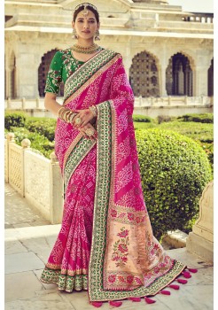 Pink & Green  Color  Resham With Mirror Khatli Work & Original Cut-Dana Work Saree